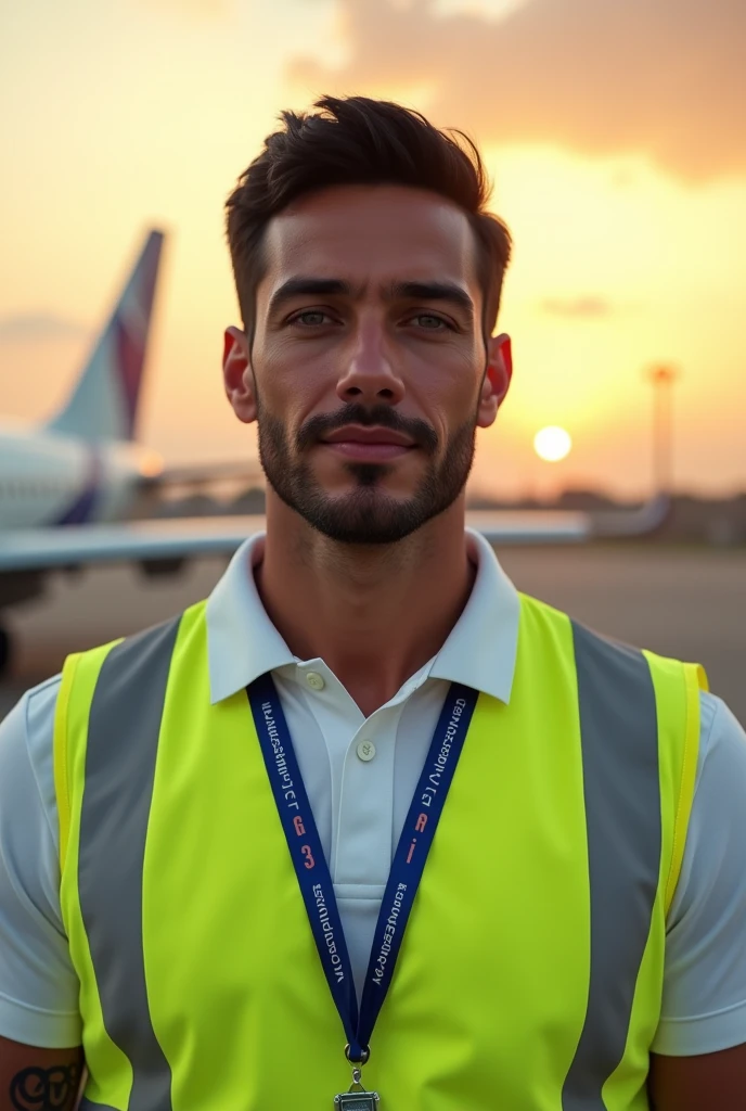 (Photorealism:1.2), remote plane, beautiful tanned man, Brazilian, souriant, aux yeux verts, short black hair with a little beard, en polo blanc et un gilet jaune haute visibilité Airbus, a badge around the neck with an airbus on the runway, sun set, in the background