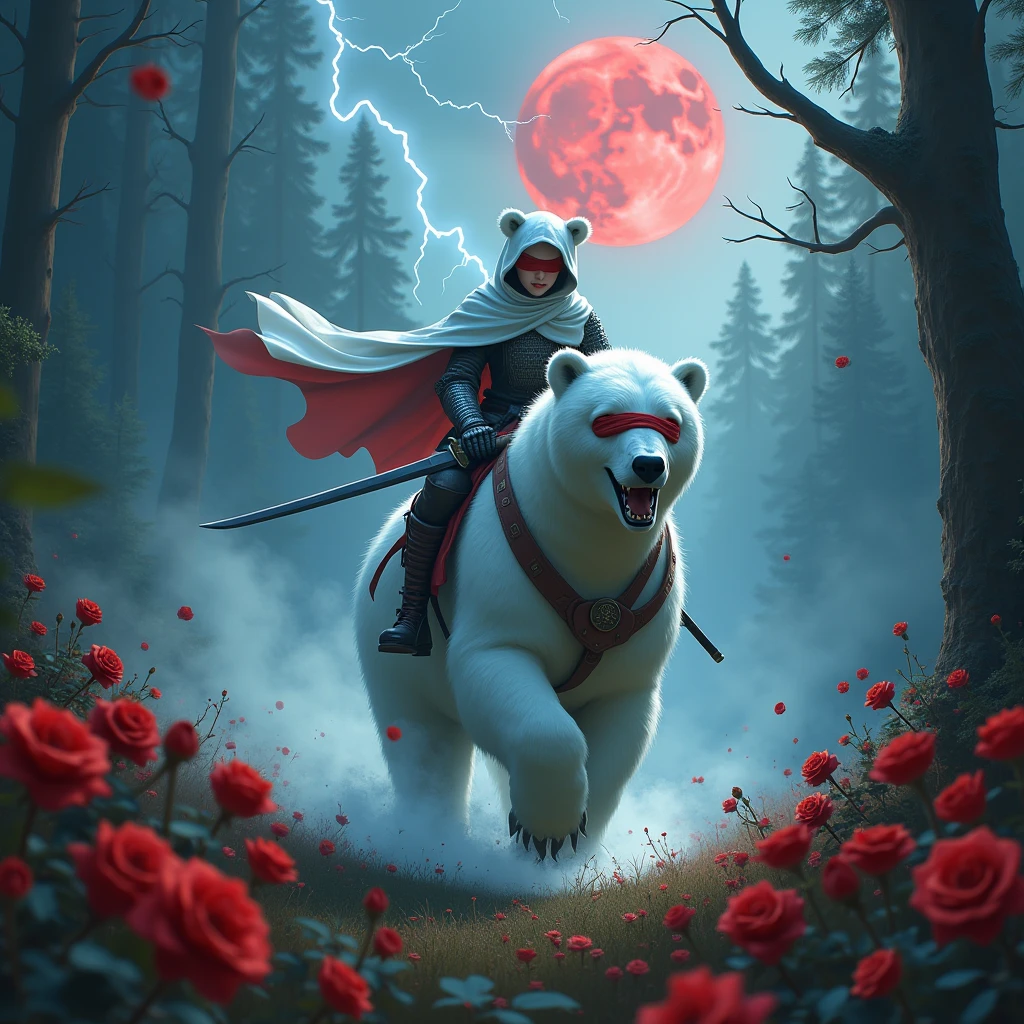 Dynamic picture, in it a knight with a white hood with bear ears and a katana is riding a polar bear in a forest while the moon shines, many Roses cover the ground and lightning falls from the sky. The man wears a red blindfold. In the background of the picture is the blood moon.