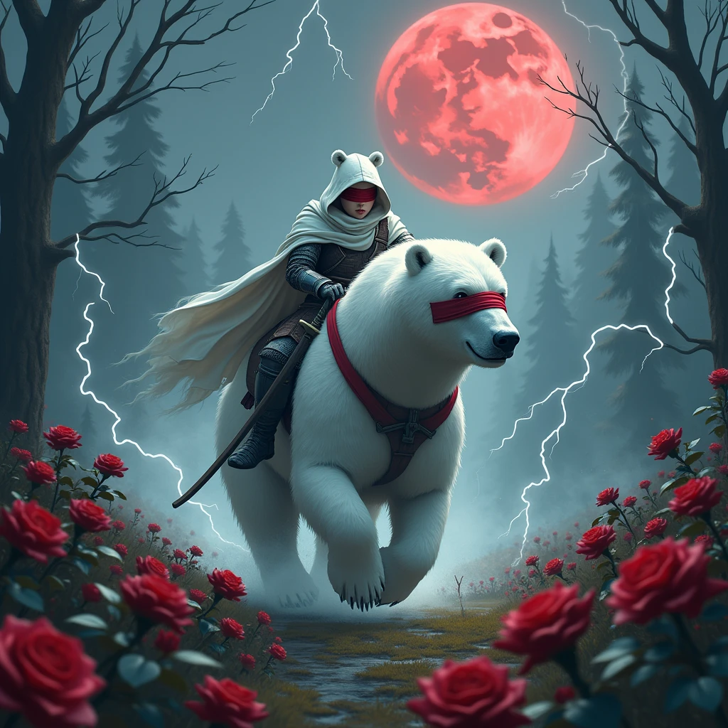 Dynamic picture, in it a knight with a white hood with bear ears and a katana is riding a polar bear in a forest while the moon shines, many Roses cover the ground and lightning falls from the sky. The man wears a red blindfold. In the background of the picture is the blood moon.