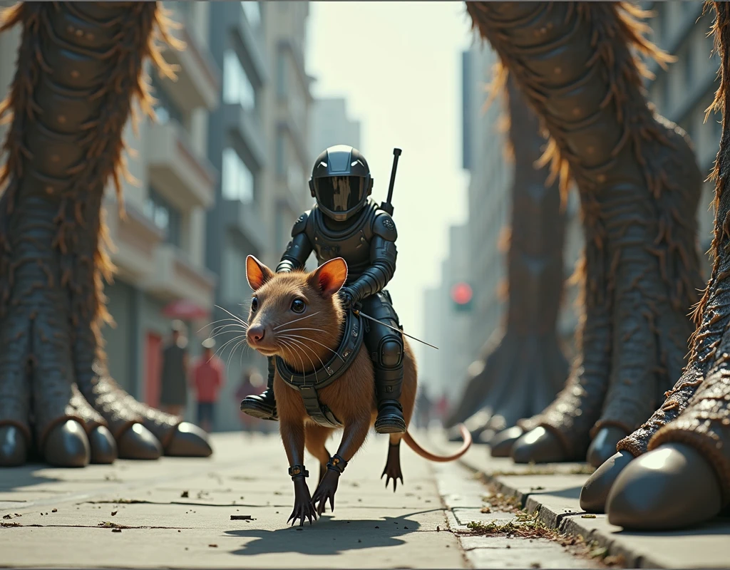 a man human, tiny in futuristic intergalactic agent combat clothing riding an alien rat, riding on a sidewalk beside him the gigantic, reptilian feet, on the other side, another gigantic feet of an immense hairy being with claws, image with low perspective view from the ground, on the same level as the man riding the mouse