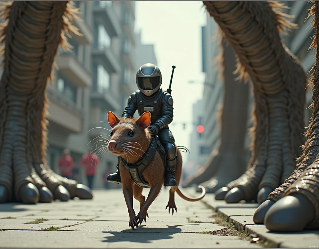 a man human, tiny in futuristic intergalactic agent combat clothing riding an alien rat, riding on a sidewalk beside him the gigantic, reptilian feet, on the other side, another gigantic feet of an immense hairy being with claws, image with low perspective view from the ground, on the same level as the man riding the mouse