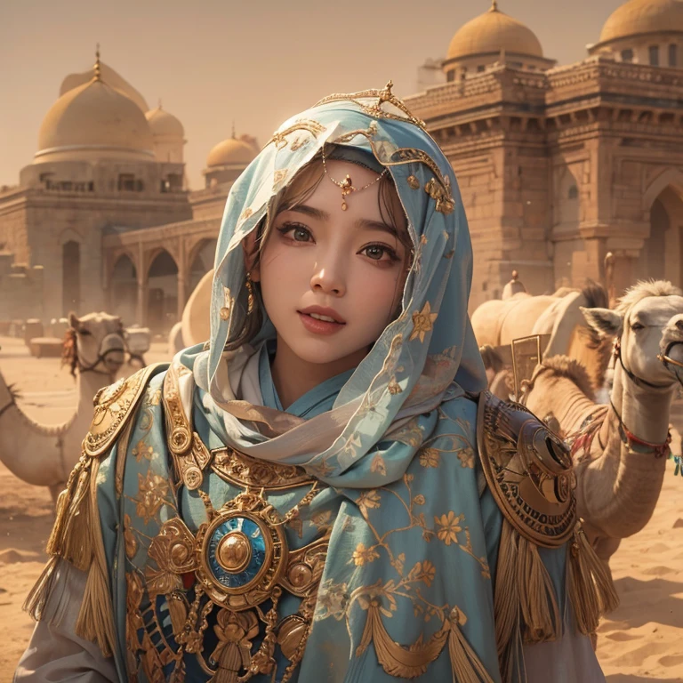 Hiding in the desert、Hair Flow、 ((Highest quality、masterpiece、8k、Best image quality、Ultra-high resolution、Award-winning works)、(Accurate anatomy:1.1)、(Look at me and smile:1.1)、Shining fair skin with Ultra-high resolution、The most detailed face、Ultra-high resolution detailed face、Ultra-high resolutionの髪の毛、(Ultra-high resolutionの煌めく瞳:1.1)、Beautiful face drawn in every detail、(Blurred Background:1.1)、Ancient Islamic clothing, Chest to chest, tattoo, Old ruins in the background、ride on the camel