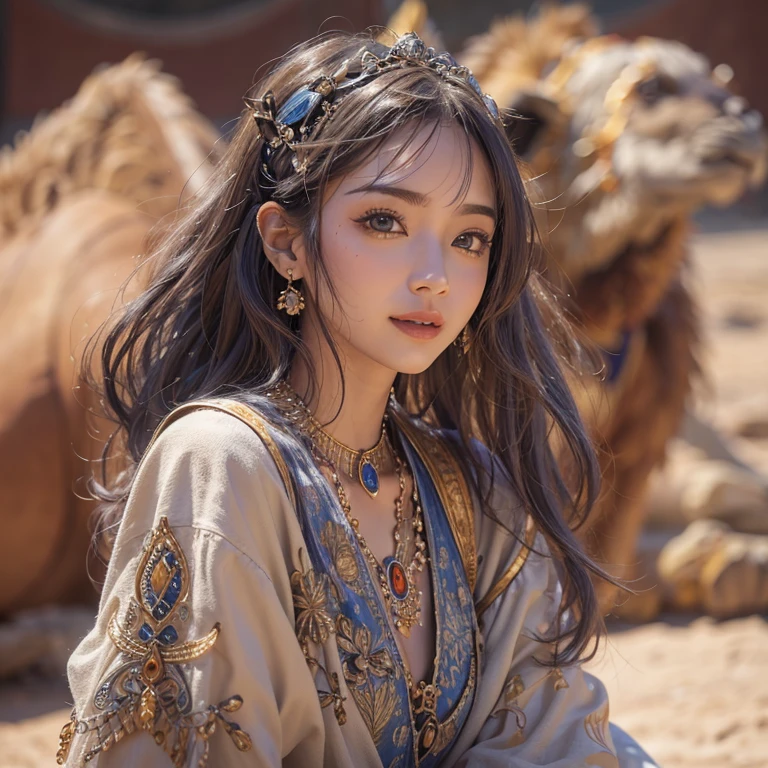 Hiding in the desert、Hair Flow、 ((Highest quality、masterpiece、8k、Best image quality、Ultra-high resolution、Award-winning works)、(Accurate anatomy:1.1)、(Look at me and smile:1.1)、Shining fair skin with Ultra-high resolution、The most detailed face、Ultra-high resolution detailed face、Ultra-high resolutionの髪の毛、(Ultra-high resolutionの煌めく瞳:1.1)、Beautiful face drawn in every detail、(Blurred Background:1.1)、Ancient Islamic clothing, Chest to chest, tattoo, Old ruins in the background、ride on the camel