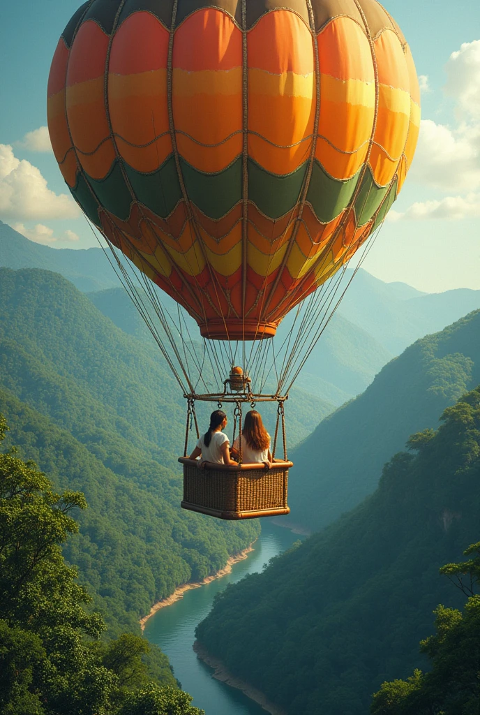 A cover for a book called Borders with a hot air balloon, with two women while traveling along the Amazon, They discover new things and discover themselves