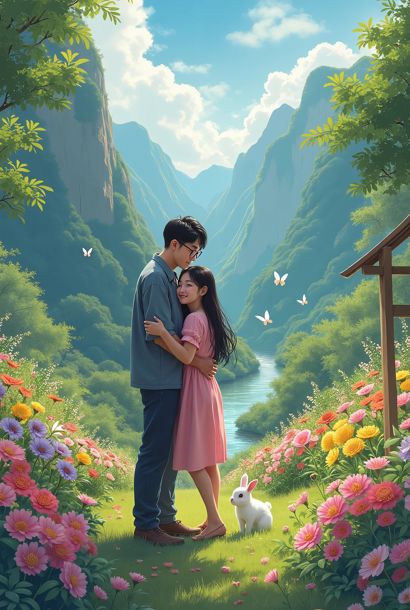 A Korean man wearing glasses hugs his Japanese lover girl with long- black haired in a colorful flower garden. Behind him are tall mountains, green forests, a small stream, birds singing, butterflies flying, and a little white rabbit.