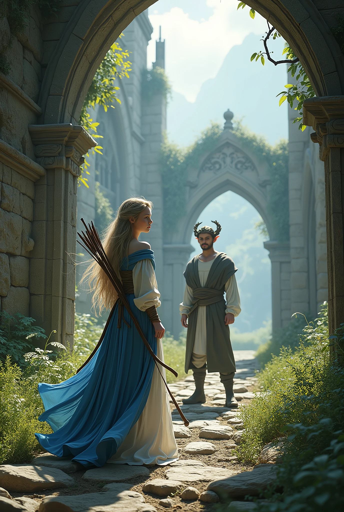 Full body portrait. A very beautiful adult female elf, wearing blue and white clothes while carrying a bow. The background is her entering into the ruins of a magnificent castle. And meets a very handsome adult male elf wearing a crown of wooden branches. This scene is a very detailed and professional 3D digital art. Game art. 64k resolution