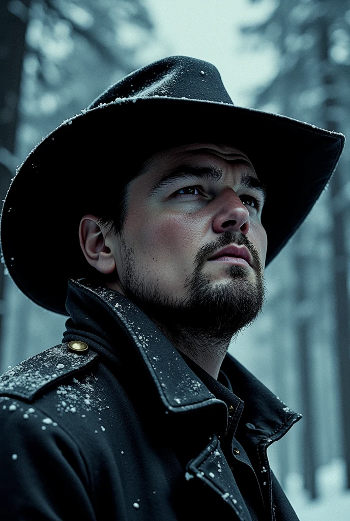 close up of Leonardo DiCaprio, looking up, wearing a dark coat and cowboy hat, during a winter storm at night, in the forest, in a noir comic style, no colo