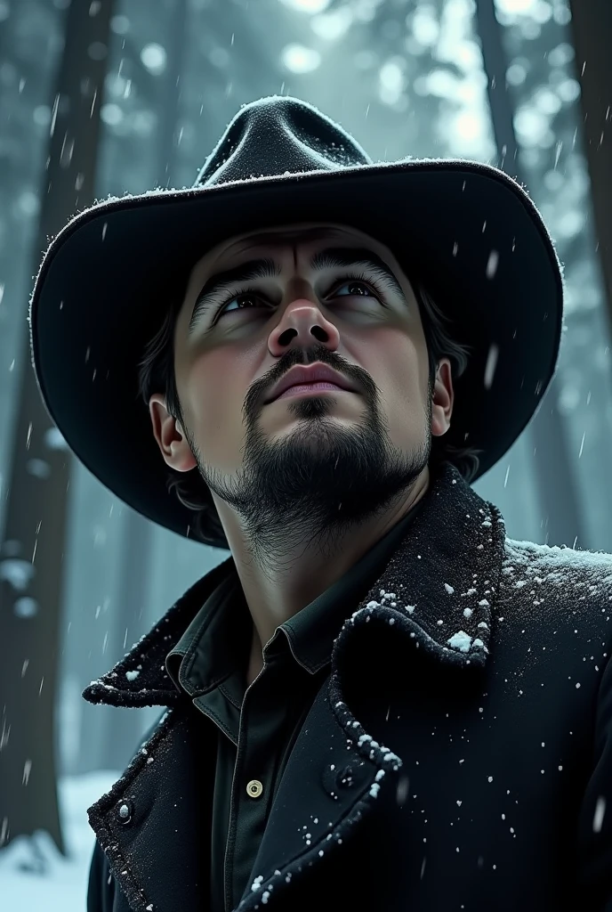 close up of Leonardo DiCaprio, looking up, wearing a dark coat and cowboy hat, during a winter storm at night, in the forest, in a noir comic style, no colo