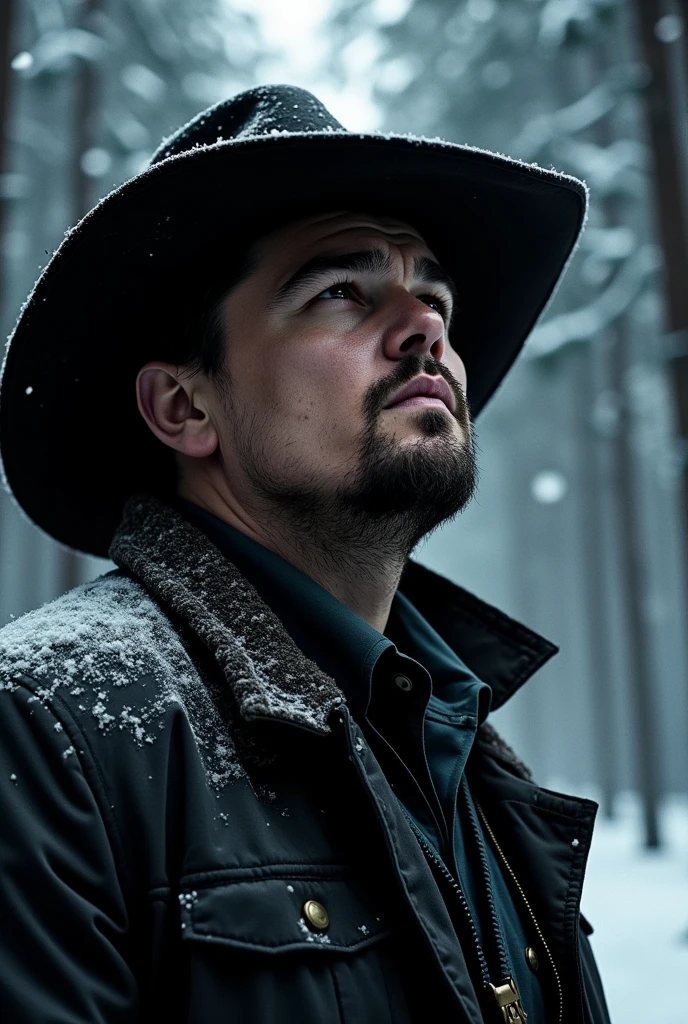 close up of Leonardo DiCaprio, looking up, wearing a dark coat and cowboy hat, during a winter storm at night, in the forest, in a noir comic style, no colo
