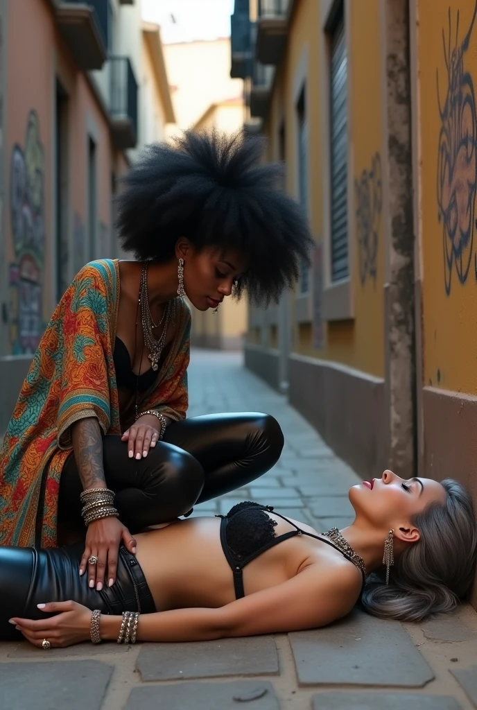 Two russian old  milf women: the strong, muscular , dominant dark skinned gipsy woman (black afro, long african traditional colourful tunic, barefoot), squatting with possessive stance (caressing the body of her passed out girlfriend's neck). At her feet, lying on the ground unconscious, curled up in fetal position, her  caucasian girlfriend (pale faces, pale necks, pale chest, pale stomach, pale arms, pale hands, pale feet),  weak body, light grey hair, submissive and needy, feeling defeated, in laid back postures  with hands touching her thong or  neck or chest,  wearing clothes in rock chic style. grey hair (bouffant, top bun, shaved sides), Big lips, The caucasian woman wears Black lace push up bra, silicone breast,, low rise skinny leather jeans. The caucasian woman is Barefoot.. the caucasian woman wears Lots of thick wide studded bracelets, chain necklaces and big rings, Long earrings with chains and feathers, Chains around her hips. The caucasian woman gas Neck tattoed,  chest tattoed, stomach tattoed, feet, hands, arms and wrists heavily tattoed.  Toned abdominals, thin neck, slim legs and thin arms. Narrow hips. Both, open legs. Full body. At a Madrid narrow street with graffitied walls. 