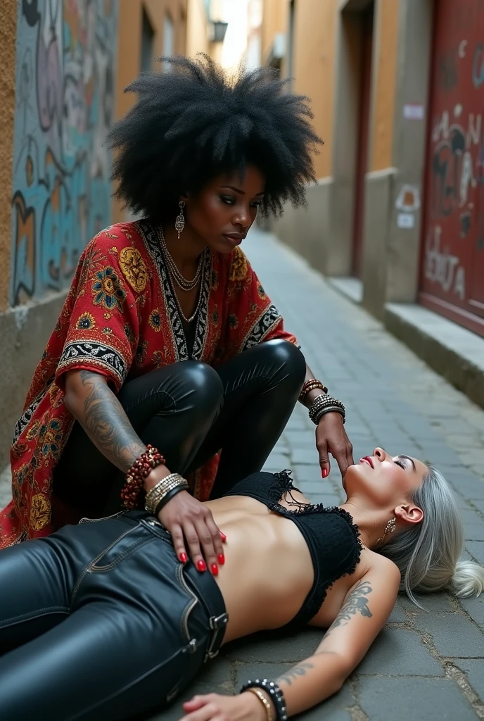 Two russian old milf women: the strong, muscular , dominant dark skinned gipsy woman (black afro, long african traditional colourful tunic, barefoot), squatting with possessive stance (caressing the body of her passed out girlfriend's neck). At her feet, lying on the ground unconscious, curled up in fetal position, her caucasian girlfriend (pale faces, pale necks, pale chest, pale stomach, pale arms, pale hands, pale feet), weak body, light grey hair, submissive and needy, feeling defeated, in laid back postures with hands touching her thong or neck or chest, wearing clothes in rock chic style. grey hair (bouffant, top bun, shaved sides), Big lips, The caucasian woman wears Black lace push up bra, silicone breast,, low rise skinny leather jeans. The caucasian woman is Barefoot.. the caucasian woman wears Lots of thick wide studded bracelets, chain necklaces and big rings, Long earrings with chains and feathers, Chains around her hips. The caucasian woman gas Neck tattoed, chest tattoed, stomach tattoed, feet, hands, arms and wrists heavily tattoed. Toned abdominals, thin neck, slim legs and thin arms. Narrow hips. Both, open legs. Full body. At a Madrid narrow street with graffitied walls.