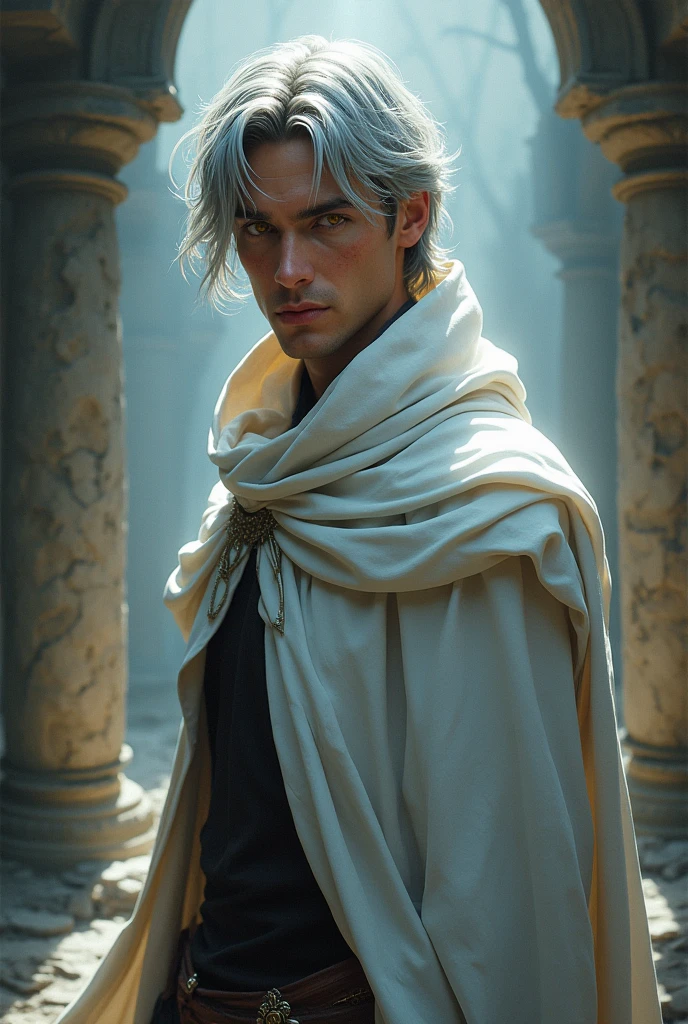 male, messy silver medium length hair with bangs, yellow eyes, adult face, adult, white hood and shroud, Wearing traditional royal clothes , handsome, medieval fantasy, ruins, sorcerer, looking at viewer, elf