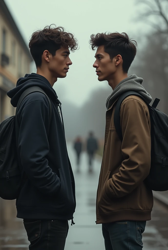 I need an image of two male friends moving away from each other for school reasons that is realistic