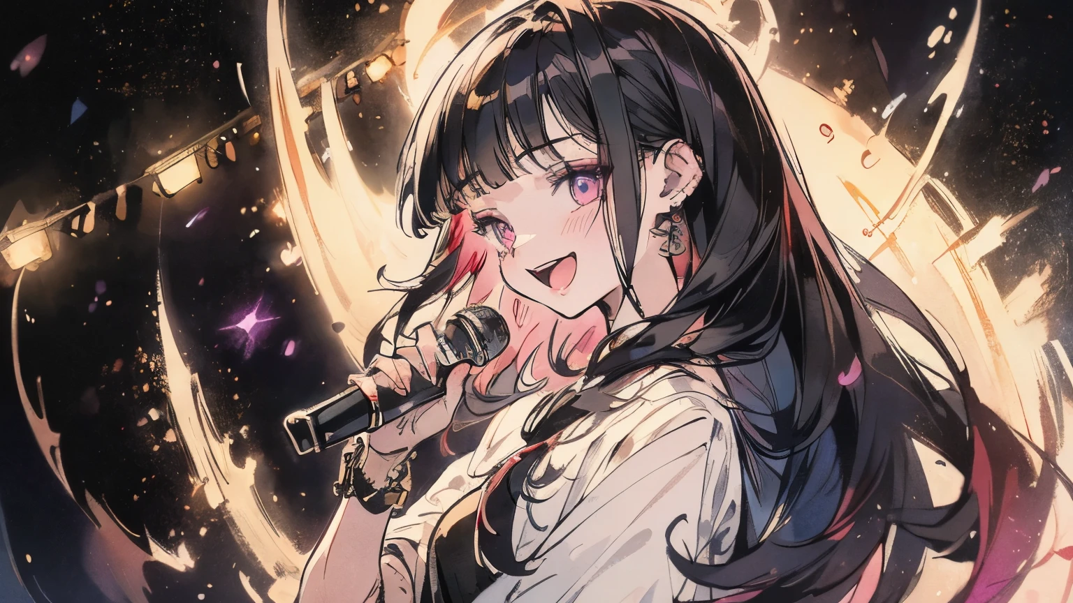 ((masterpiece)), Highest quality, (8k, Highest quality, masterpiece: 1.2), Very detailed, A woman singing in the Great Sanctuary、Black Hair、Long Hair、Dark purple blouse shirt(Short sleeve)、bracelet、Pink Lips、Big eyes、Double eyelids、Beauty、Beautiful Eyes、singer、stage、Spot Light、Gorgeous lighting、Sad expression、Highest quality、最高masterpiece、Extremely detailed、Composition above the knees、Front angle、Singing with wide open mouth、smile、cool、Front composition、Age 25、Beautiful light、White lighting、Dazzling Light、Iridescent background、Guitar playing