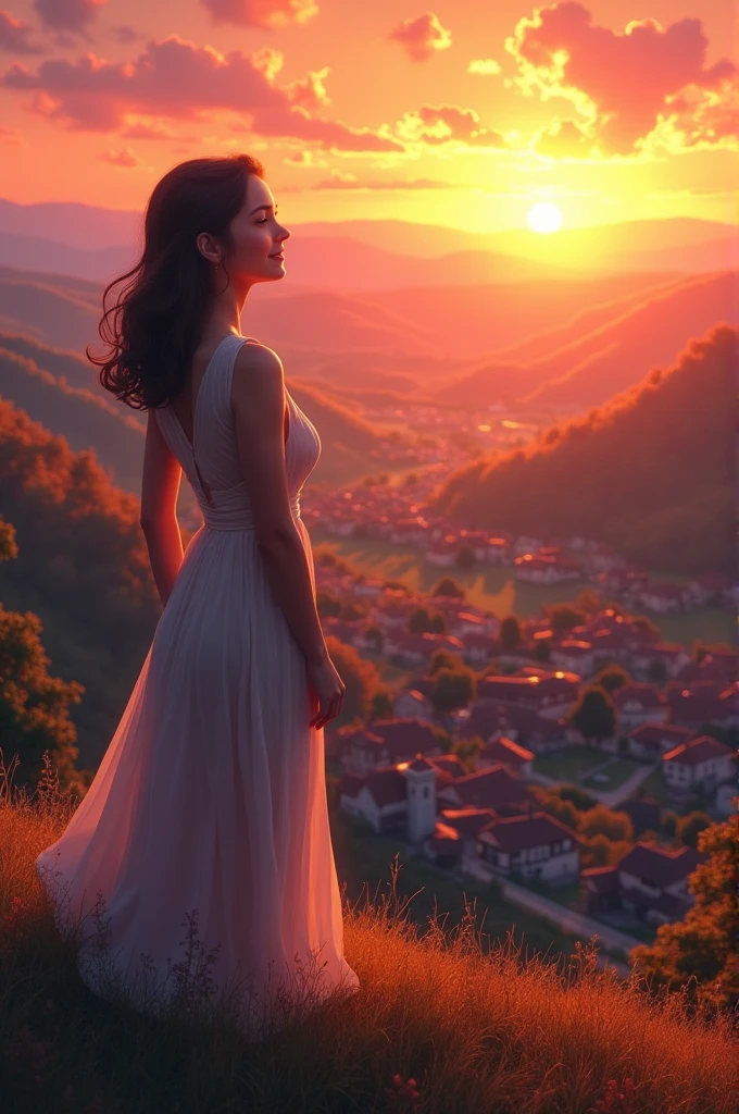 Clara stands on a hill overlooking the village, the sunset lighting up the landscape. She smiles, pleased with the way the story has reinforced