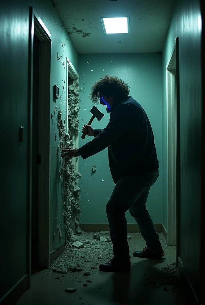 In the hallway a man with 1,80 tall, dark-haired and curly, raises an axe. The corridor is plunged into almost total darkness., with the only light source being a flickering ceiling light. Each blow of the axe against the bathroom door is a guttural boom that echoes through the enclosed space., making the wood crack and creak ominously. The sound of metal cutting through wood and the echo of falling fragments are almost deafening.. The man, with his face covered in rage and his eyes sparkling with a cruel and insatiable glow, reflecting a supernatural fury. The air is heavy and charged with a palpable tension, while the door, now almost destroyed. Fear intensifies with each blow, as the inevitable bathroom showdown becomes ever more imminent.