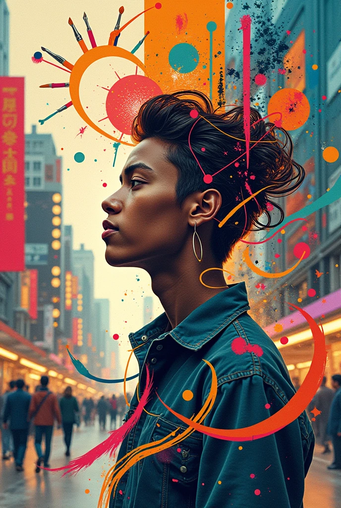 Create an contemporary arts drawing that input the visual arts , media arts , performing arts and literacy arts
