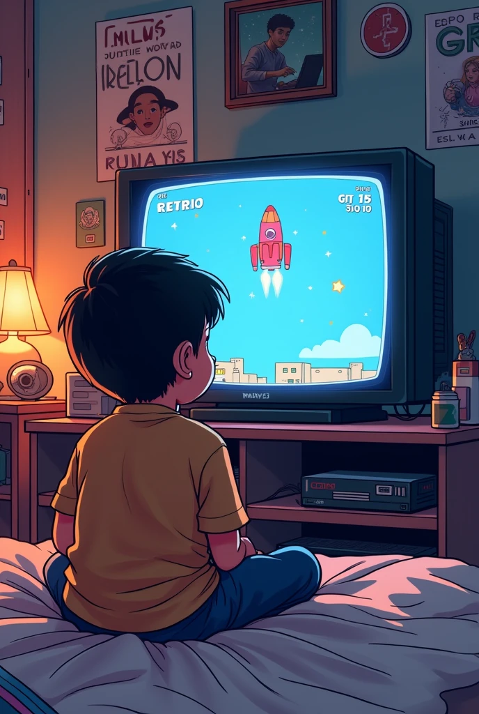 Comic of a boy with his back turned watching TV playing video games, in a bedroom from the 90s, that a simple spaceship game without text is displayed on TV
