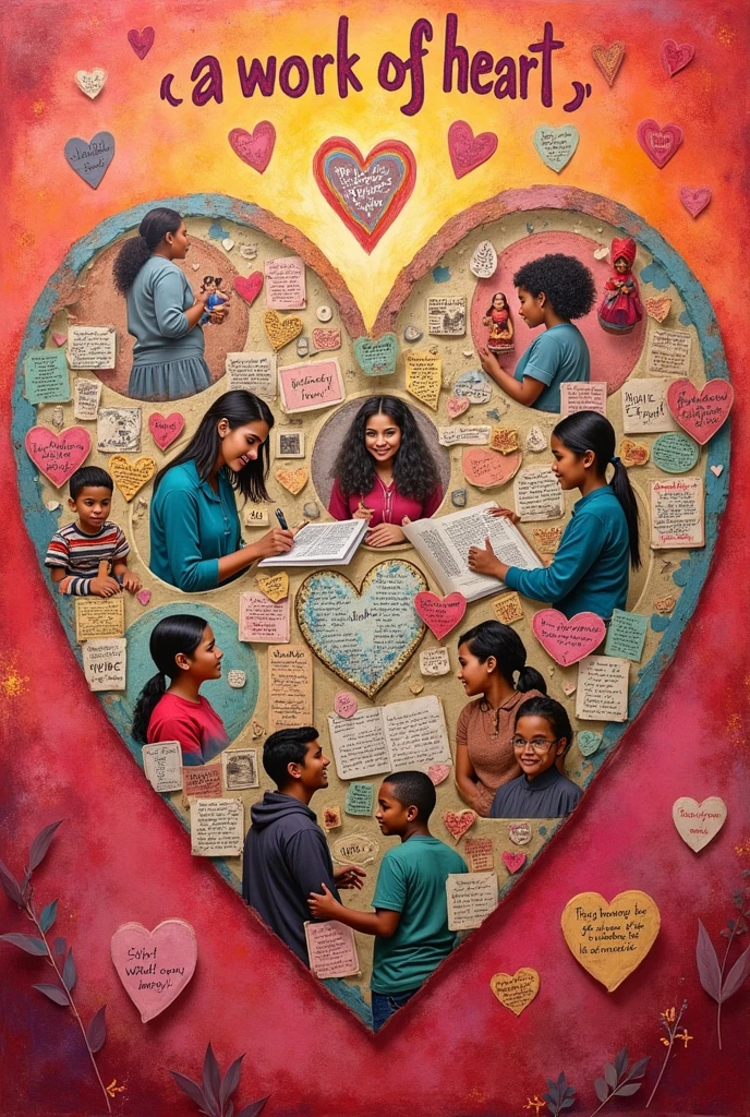 Teaching: A Work of Heart"
Design: Create a heart-shaped collage filled with students' handwritten notes, drawings, or photos of teachers and students together. Use warm colors like red, pink, and gold.
Text: "A Work of Heart" across the top, with smaller hearts scattered around, each containing a message of appreciation.