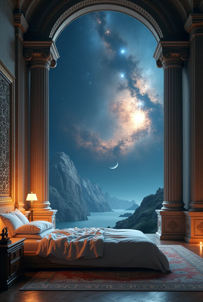 universe space。Fantastic and mysterious。Sleep comfortably in a mysterious space。Roman Room。No one in the bedroom。
