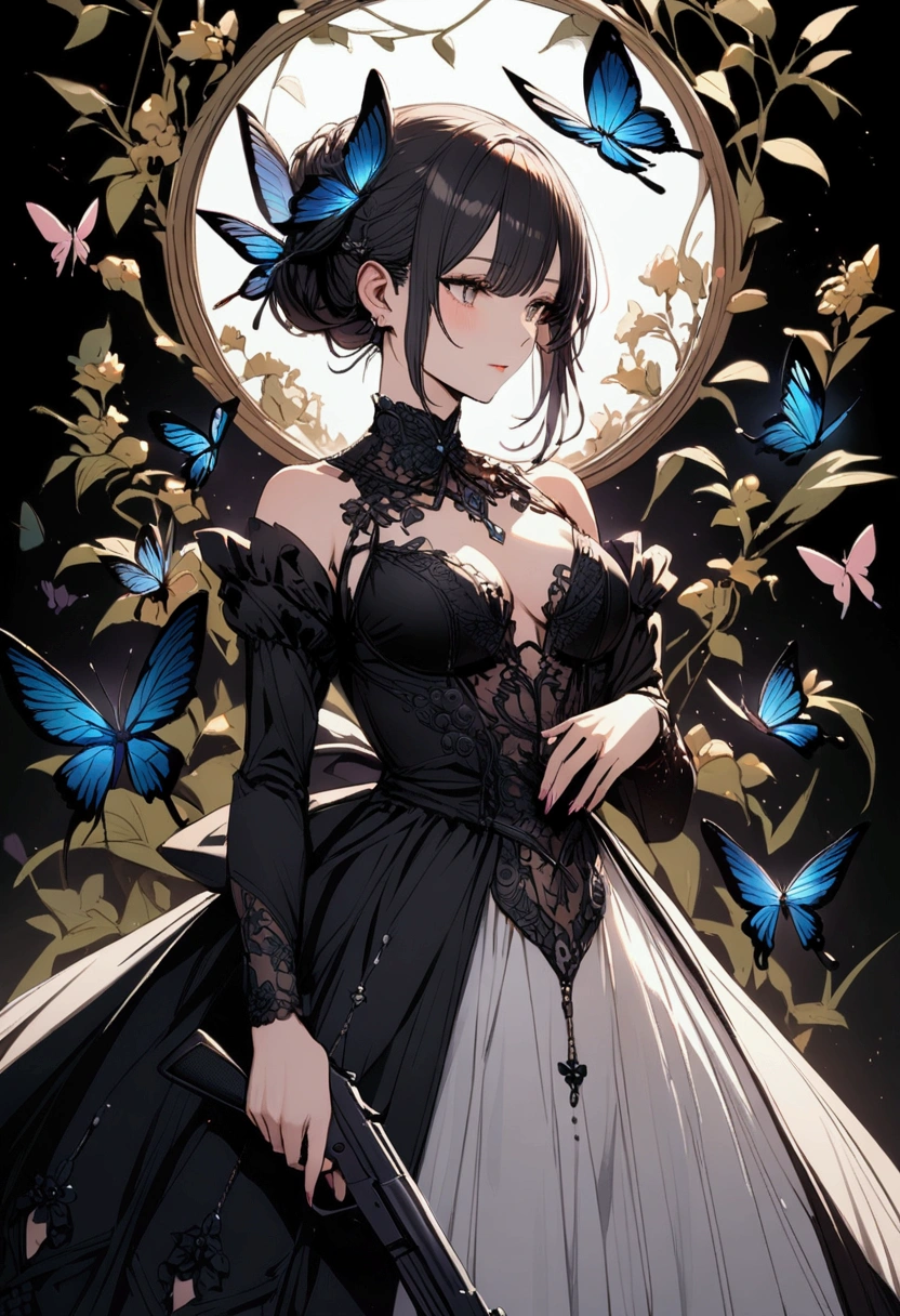 Woman with black gun and butterflies