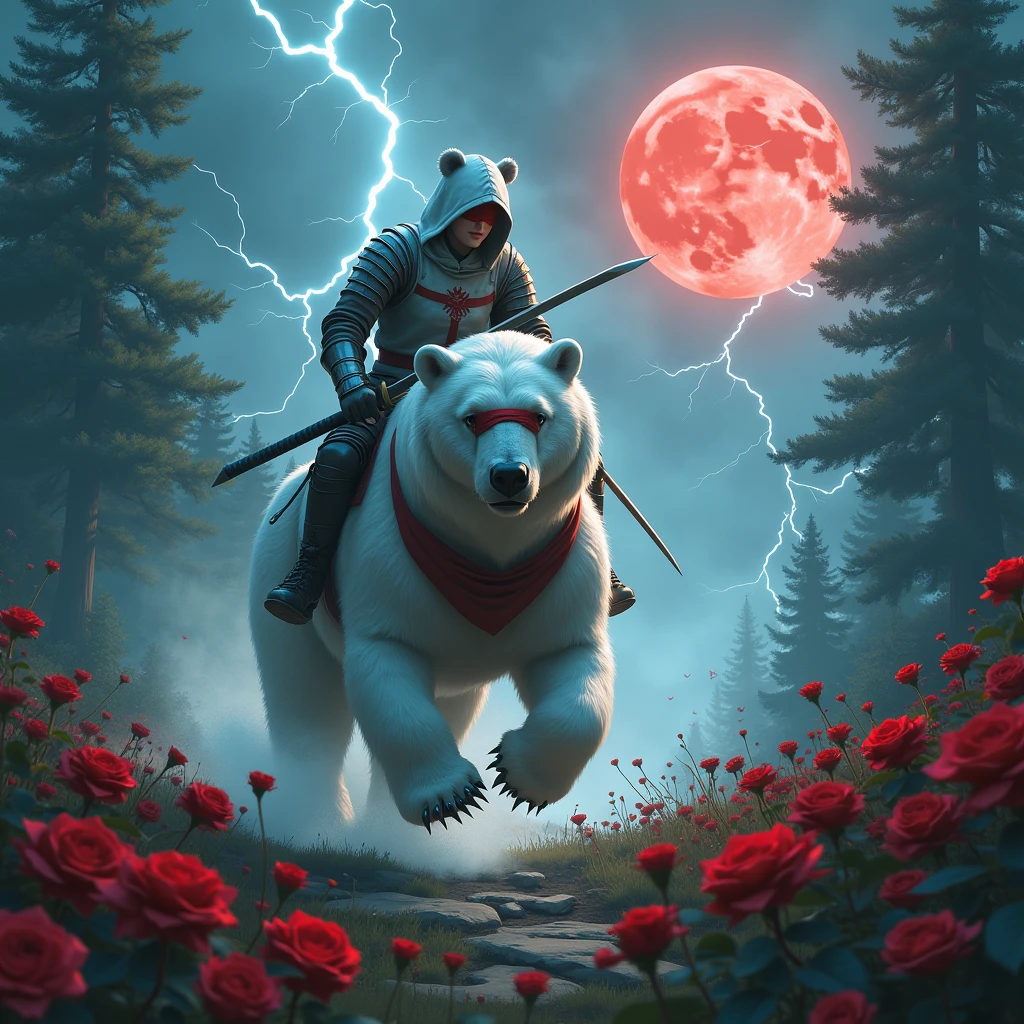 Dynamic picture, in it a knight with a white hood with bear ears and a katana is riding a polar bear in a forest while the moon shines, many Roses cover the ground and lightning falls from the sky. The man wears a red blindfold. In the background of the picture is the blood moon.