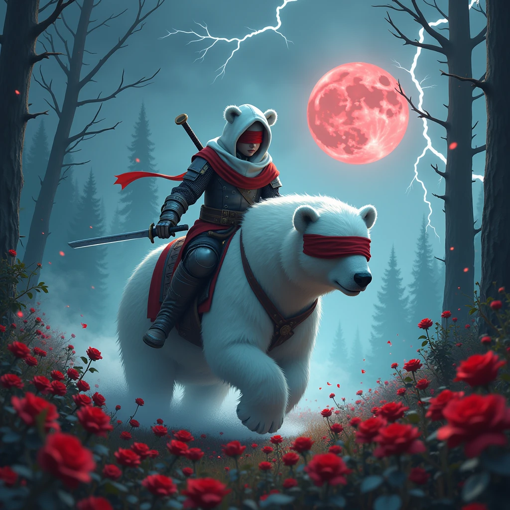 Dynamic picture, in it a knight with a white hood with bear ears and a katana is riding a polar bear in a forest while the moon shines, many Roses cover the ground and lightning falls from the sky. The man wears a red blindfold. In the background of the picture is the blood moon.