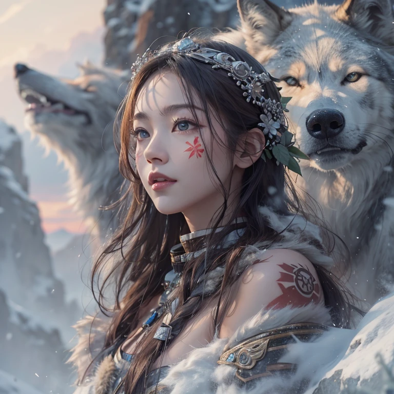 Hiding in the snowy mountains、Hair Flow、 ((Highest quality、masterpiece、8k、Best image quality、Ultra-high resolution、Award-winning works)、(Accurate anatomy:1.1)、(Look at me and smile:1.1)、Shining fair skin with Ultra-high resolution、The most detailed face、Ultra-high resolution detailed face、Ultra-high resolutionの髪の毛、(Ultra-high resolutionの煌めく瞳:1.1)、Beautiful face drawn in every detail、(Blurred Background:1.1)、Ancient Inuit clothing, Chest to chest, tattoo, Old ruins in the background、Other than actual wolves