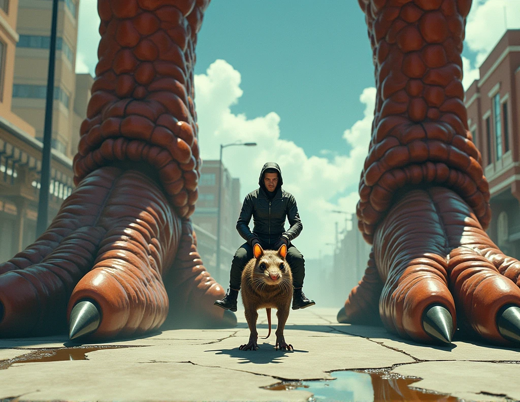 high qualiy , Comic books, a man human, tiny in futuristic intergalactic agent combat clothing riding an alien rat, riding on a sidewalk beside him the gigantic, reptilian feet, on the other side, another gigantic feet of an immense hairy being with claws, image with low perspective view from the ground, on the same level as the man riding the mouse