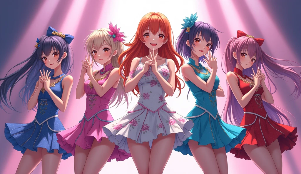j-pop girl band, anime, 5 girls, peace and heart hand gestures