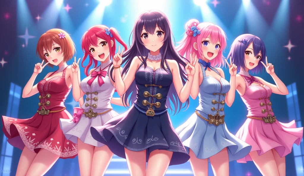 j-pop girl band, anime, 5 girls, peace and heart hand gestures
