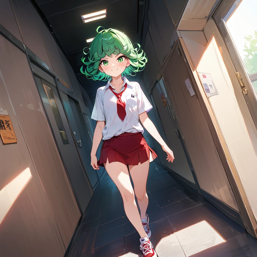 (high res, 8K, masterpiece, looking at viewer, best quality, very aesthetic, ultra detailed, ultra background, ultra Eyes) intricate details, 1girl, Tatsumaki, White short sleeve shirt, Pockets on the left side of the chest, Red short skirt, Red short tie, Sneaker Shoes, Green Short hair, Green Eyes, Walking in the school hallway ,Cheeks Flushed, Smile Face, Background School Hallway, Cinematic Angle