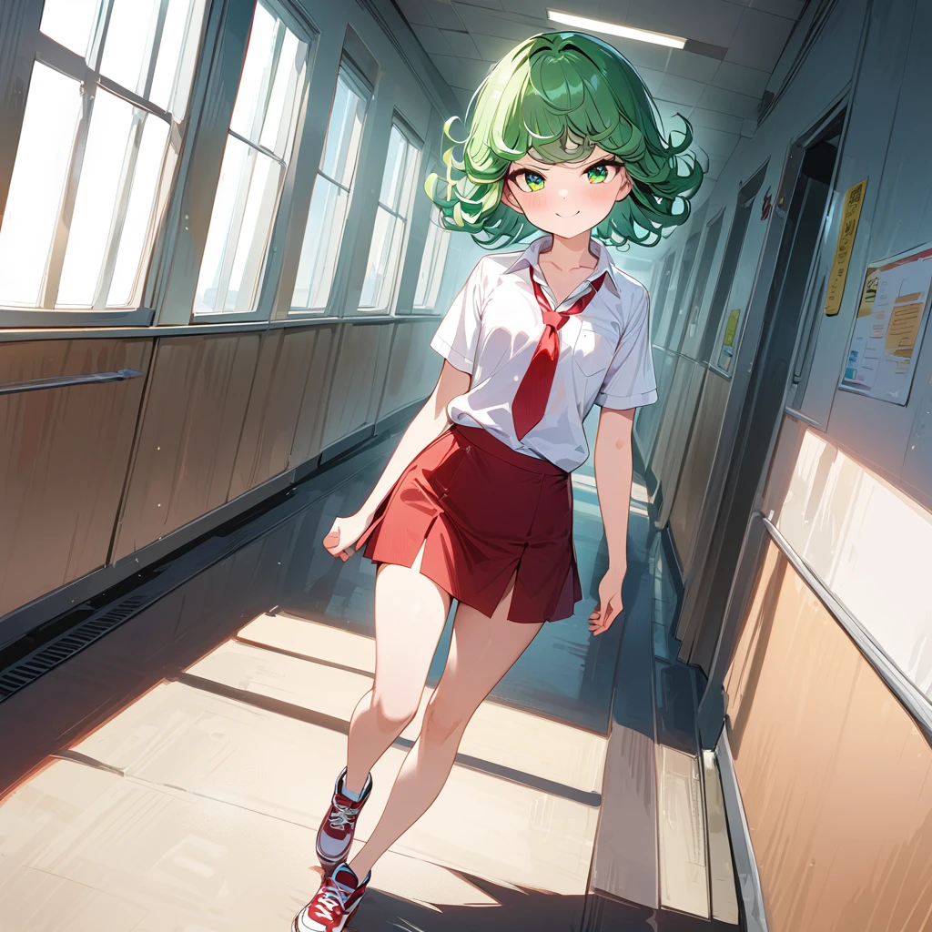 (high res, 8K, masterpiece, looking at viewer, best quality, very aesthetic, ultra detailed, ultra background, ultra Eyes) intricate details, 1girl, Tatsumaki, White short sleeve shirt, Pockets on the left side of the chest, Red short skirt, Red short tie, Sneaker Shoes, Green Short hair, Green Eyes, Walking in the school hallway ,Cheeks Flushed, Smile Face, Background School Hallway, Cinematic Angle