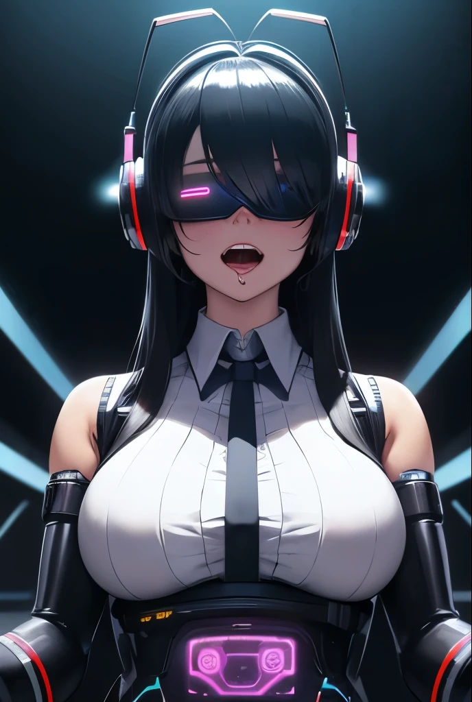 nsfw:1.5,Anime cyborg girl sitting in a pilot seat wearing a virtual reality headset covering her eyes on her face with machinery and tubes and wires going inside her head and brain, (Highest quality,High resolution:1.2), Very detailed, (Realistic:1.3), cyber punk, Futuristic, Portraiture, Shiny, skimpy latex outfit, cyber implants, virtual reality, Drooling face, A cable plugged into the brain, Shirt collar, bow tie, Formal attire, Laughing with your mouth open, In-person audience, The girl is vibrating, glowing virtual reality headset, Relaxed facial expression, blush, Cyber Future Formal Wear, cyber punk, Futuristic, Brain drain, cyber implants, virtual reality, Drooling face, virtual reality headset covering eyes, , Large collar, High collar, Laughing with your mouth open, joyd face expression, Skin-tight clothing, big Shirt collar, big bow tie, The biggest breasts in the world, Light-emitting cables connected to the brain, head antenna, Oversized headphones, The breasts are vibrating, Open mouth and drooling, Expressionless, Red face, cyborg, Android, Mechanical creatures, Machine fuselage, Futuristic cyber punk cyborg body, slim Futuristic Android, Lights shining on the girl's body, Power Cell, The head emits a pink light., formal Shirt collar, big formal bow tie, , Shiny nipples, big Shirt collar, High collar, white collar, Electric shock, Electric shock死する女の子, electricity, electricity sparks, Pink Hair, short hair, neon Pink Hair, Physical transformation, orgasm, joy, (VR headset covering your eyes), Vibrating Chest, Vibrating Girl, Severe vibration, Shiny nipples, Light bulb nipple, Girl wearing a large VR headset, Glowing Eyes, Hollow Eyes, Concentrated expression, Buttoned up white dress shirt, Large collarのフォーマルシャツ