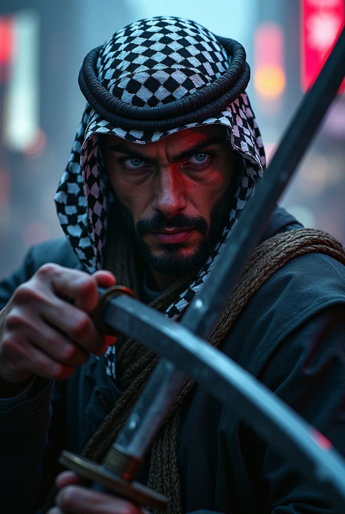 Man wearing Palestinian keffiyeh with blue eyes, cyberpunk style holding samurai sword 