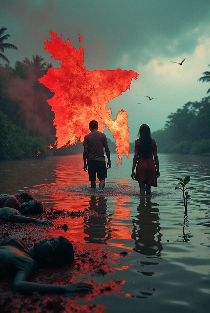 A map of Bangladesh. on the right side of the map, the flood is flowing. And in it, two disheveled Bangladeshi women and men are walking half-drowned and the sky is cloudy. And on the left side of the map, there are two bodies lying on the ground with their blood around them. has spread and that blood is watering the seedling on the map and the sky is crimson.