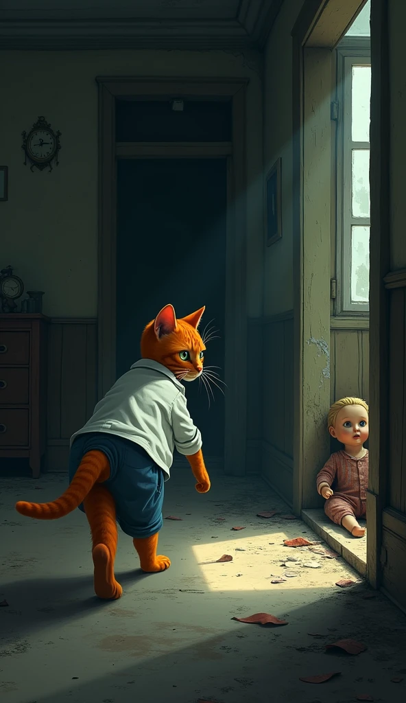 Start with an orange cat wearing white shirt blue pant and wandering through a dimly lit, abandoned house. The camera follows the cat as it slowly pads across the dusty floor. Suddenly, the cat stops and stares at a dark corner where an old, tattered doll is sitting.
