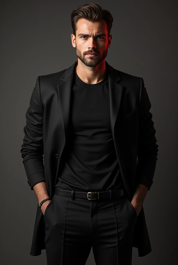 a man wear black outfit consist
of black t -shirt and one jacket or coat with pants and waist belt for party wear