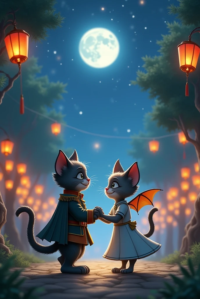"A brave-looking cat named Sam, with a sturdy build and wearing a simple soldier's uniform, dances under a moonlit sky with a delicate bat named Mary. Mary is a gentle bat with silver-dusted wings that shimmer in the night. They are surrounded by colorful lanterns hanging in the trees and a starry night sky. The scene is romantic and whimsical, with soft, glowing light highlighting their first meeting at a village festival."