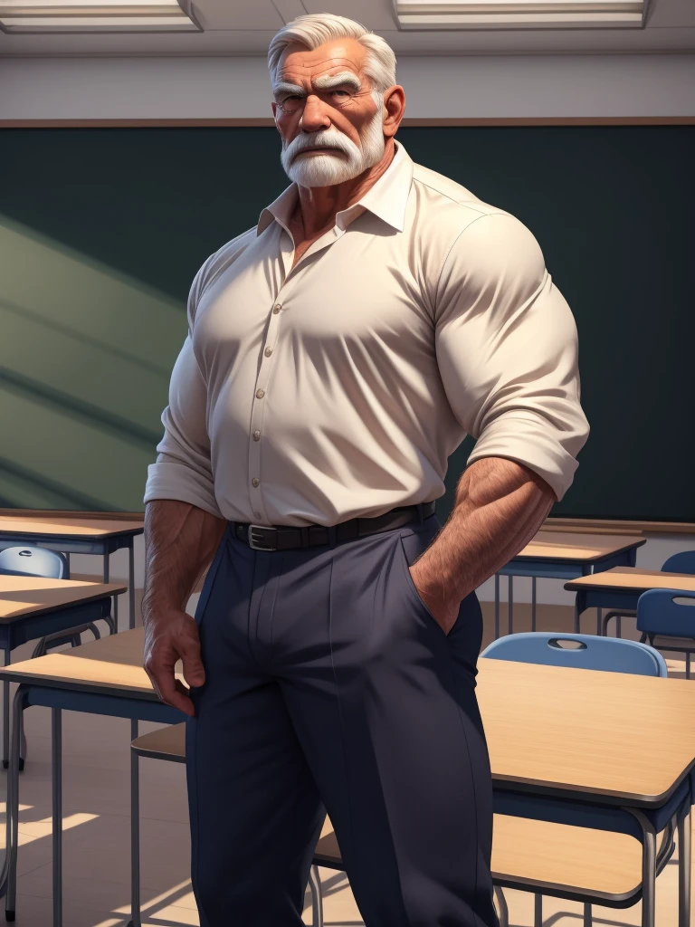 a muscular old man as teacher, wearing pants and shirt, classroom, standing in a city background, (best quality,4k,8k,highres,masterpiece:1.2),ultra-detailed,,detailed wrinkles,detailed facial features,detailed texture, half body, halfbody