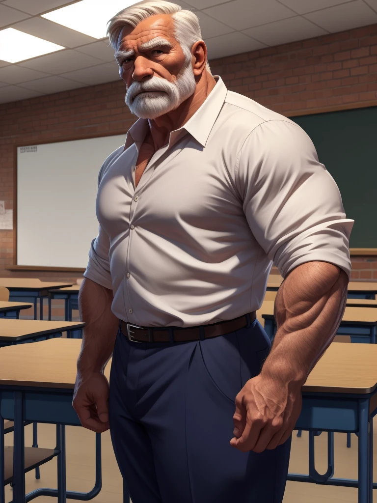 a muscular old man as teacher, wearing pants and shirt, classroom, standing in a city background, (best quality,4k,8k,highres,masterpiece:1.2),ultra-detailed,,detailed wrinkles,detailed facial features,detailed texture, half body, halfbody