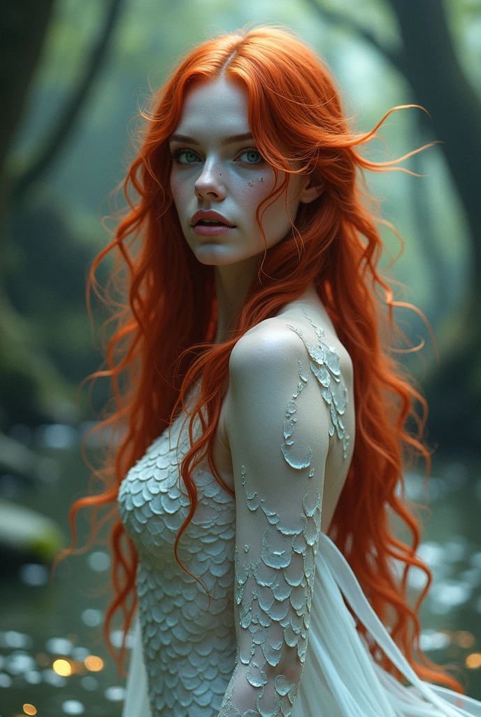 A beautiful woman with long red hair and white scales