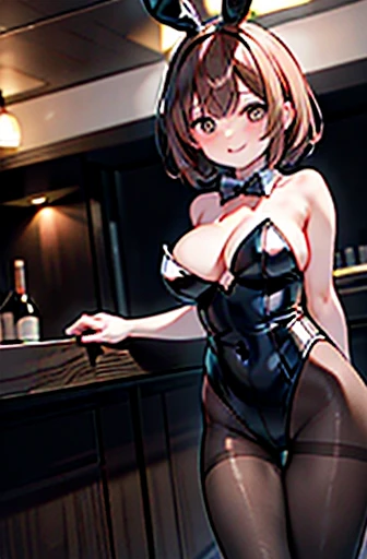 Highest quality: 1.3)、(masterpiece: 1.3)、(Ultra-detailed: 1.3)、(wallpaper, One Girl)、Bunny girl、(Black Rabbit Girl Leotard:1.3)、(Brown pantyhose:1.3)、Red bow tie、(Brown Hair:1.3)、Bunny girl ブラックヘッドバンド、Medium Hair、short hair、(Beautiful big breasts:1.3)、Luxurious living room、Big smile、Sexy pose、standing、bar counter、bar counterの前の小さな丸い椅子に座る、blush、Drinking alcohol、Drunk