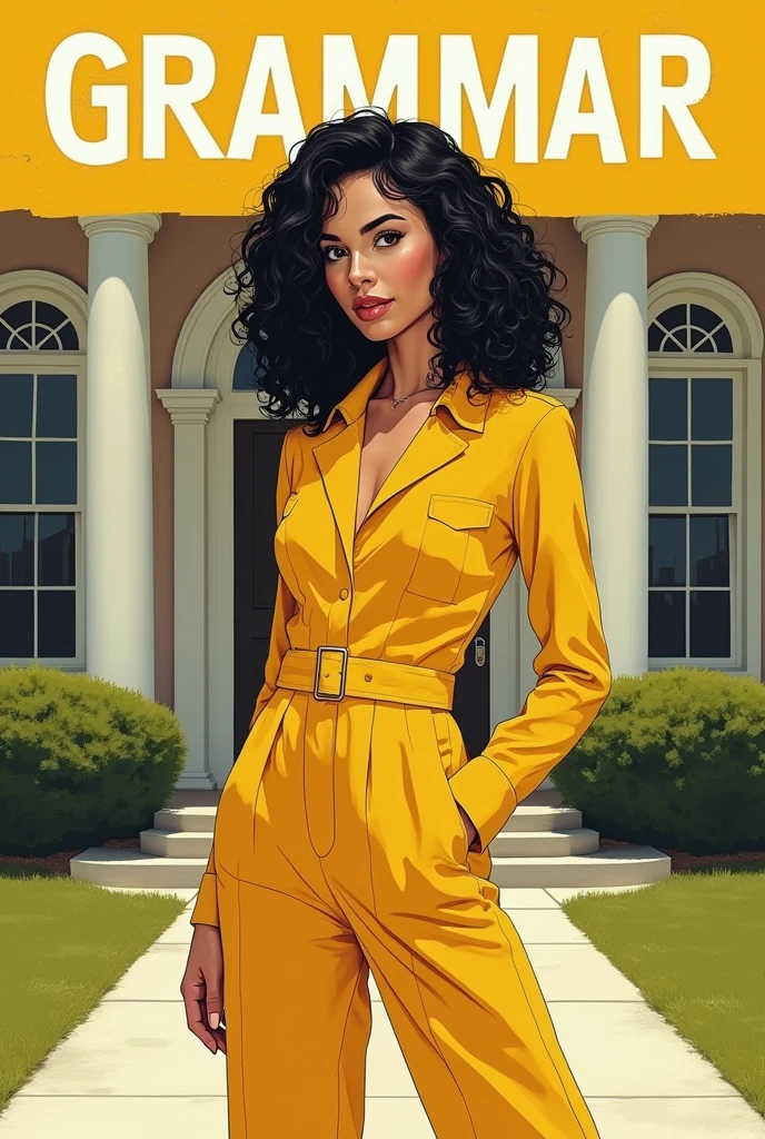 Grammar school cover with dark curly haired white girl in all yellow, the word grammar in large
