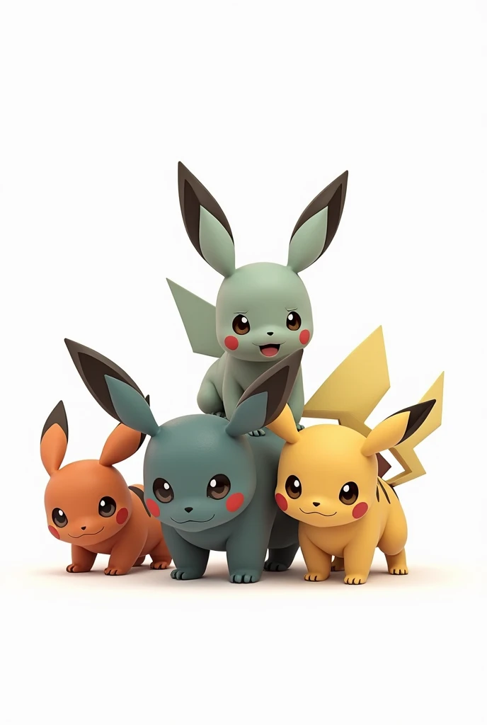 Pokemons looking at the ground one on top of another on white background