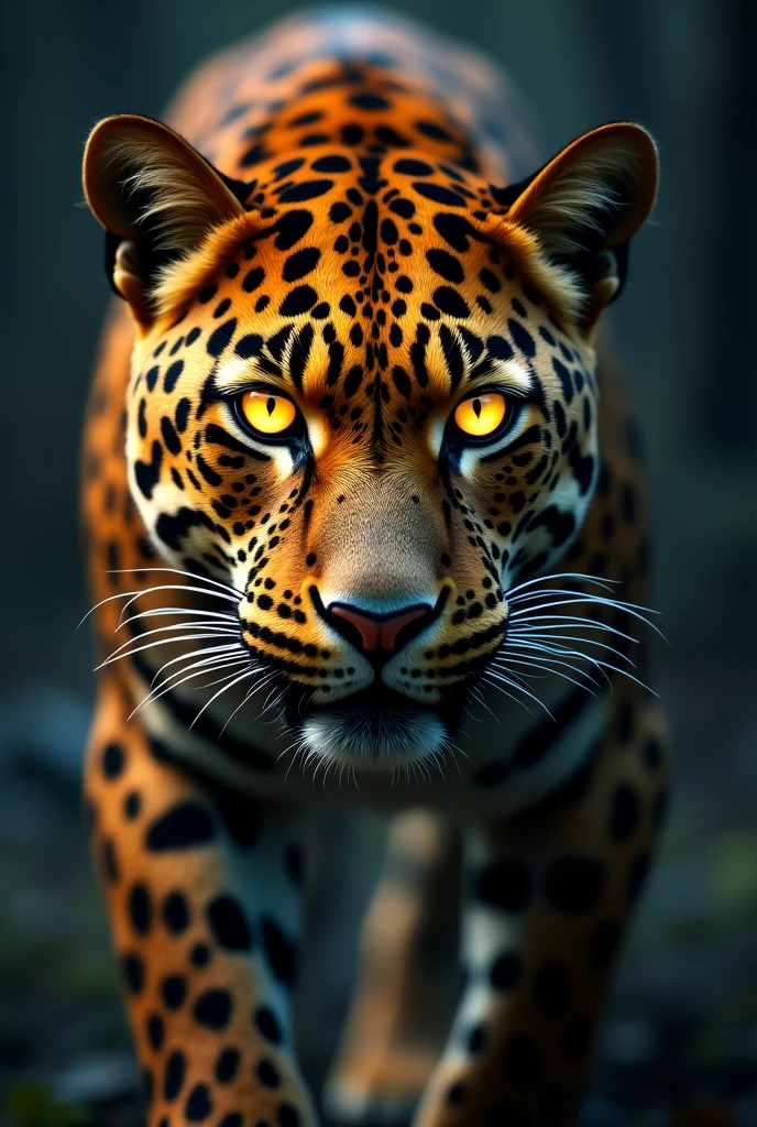 a fierce leopard, glowing yellow eyes, extremely detailed eyes, detailed face, photorealistic, 8k, hyper detailed, realistic fur, intricate patterns, dramatic lighting, cinematic composition, rich colors, depth of field, chiaroscuro lighting, striking pose