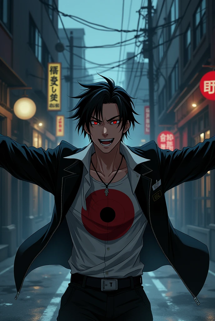 Anime man with black hair red eyes that have 2 black circles and a black dot like a target doing an epic pose with open arms and a smile in the middle of a dark street and leaks Japan in the art style and strokes of manga creator Tatsuki Fujimoto