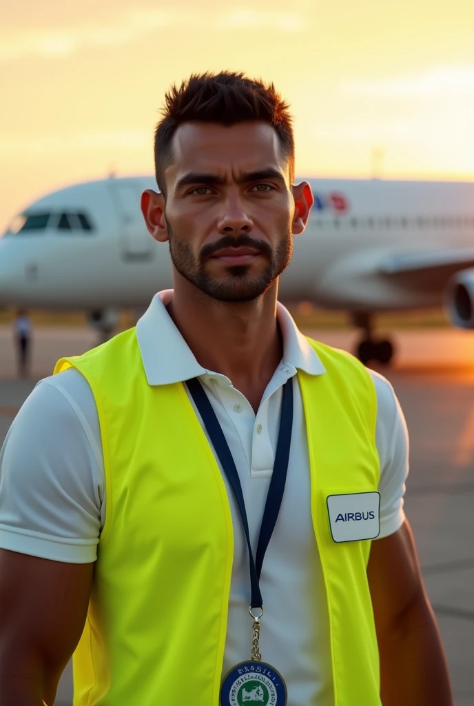 (Photorealism:1.2), remote plane, beautiful tanned man, Brazilian, souriant, aux yeux verts, short black hair with a little beard, en polo blanc et un gilet jaune haute visibilité Airbus, a badge around the neck with an airbus on the runway, sun set, in the background