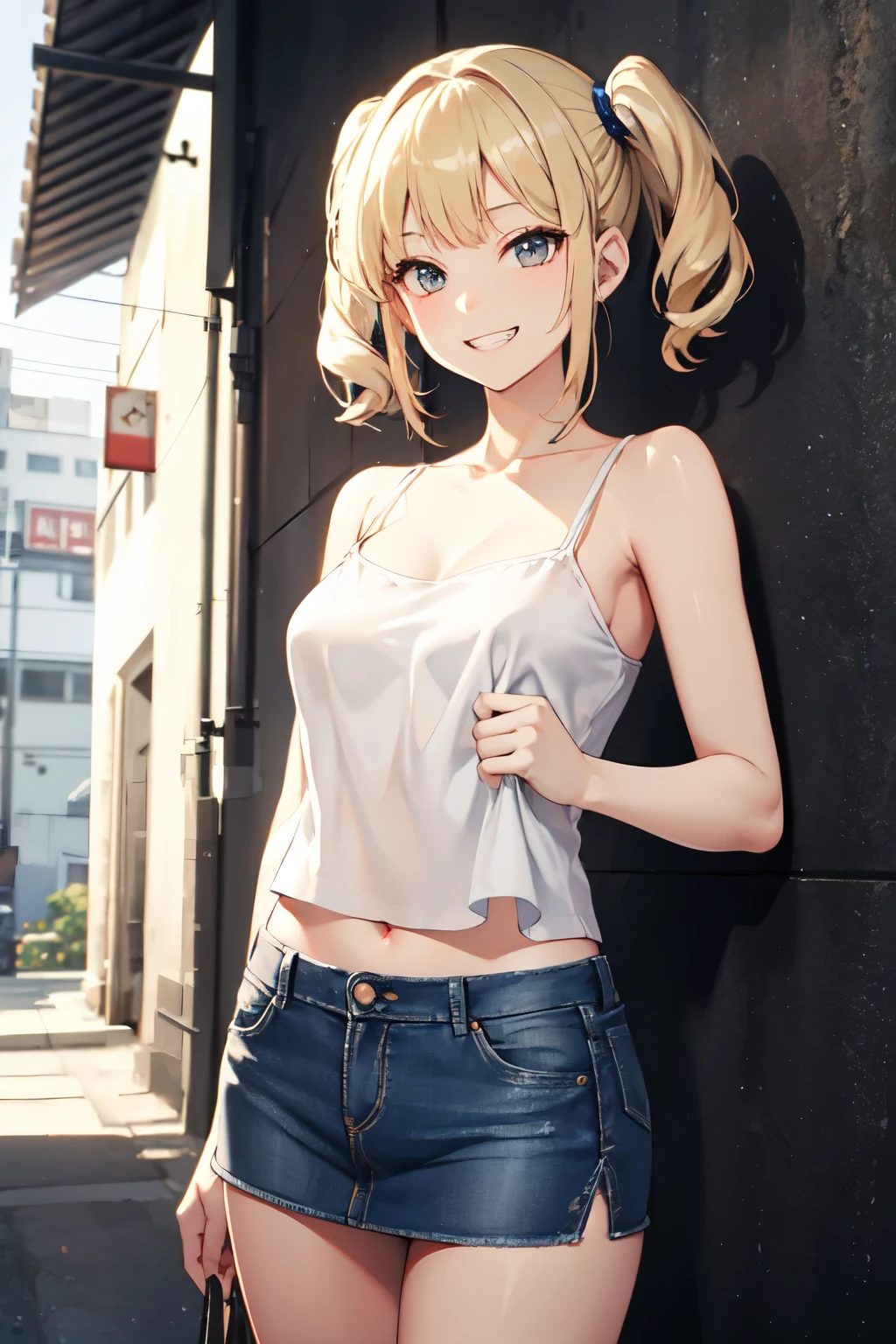 (8k、Highest quality、Highest quality、masterpiece)、Detailed face、One Girl、 Blonde、short hair、Twin tails、Blunt bangs、Grey Eyes、Wicked Smile、((Grin))、Small breasts、((White camisole))、((Denim mini skirt))、Cowboy Shot、((I had already finished))、Back Alley Background、Very large breasts、No pants、Roll up your skirt
