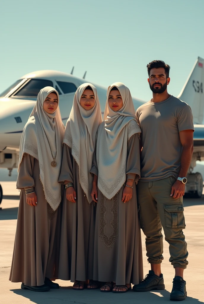 
3 sisters in hijab and a men in waer a cargo pent and off shoulder t shirt and background is a super jet and 3 sisters